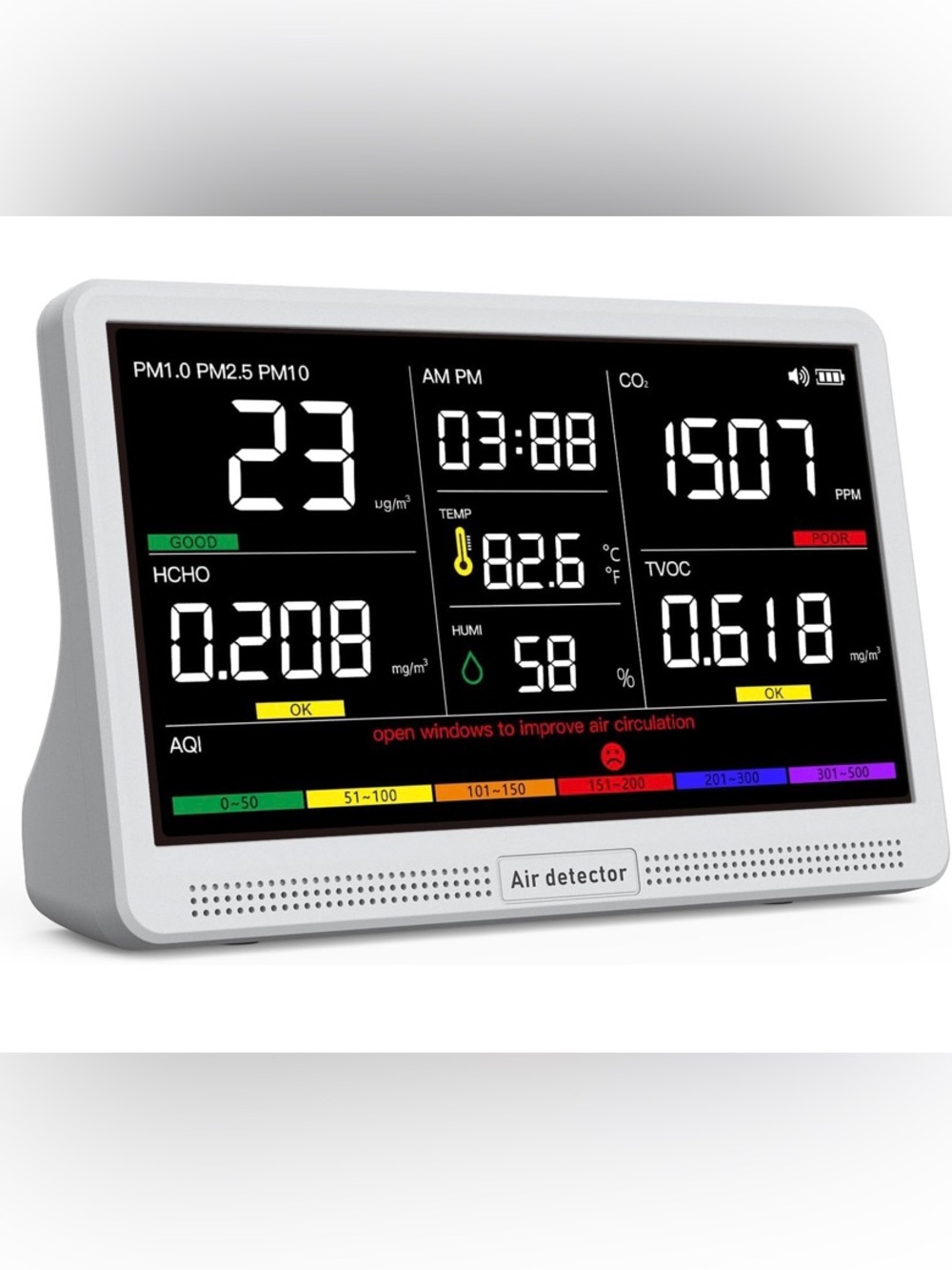 16 in 1 Air Quality Monitor Indoor 7" Large Display 9 AQI+7 Alerts, New